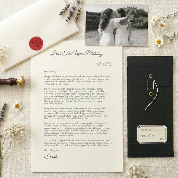 Letter for a birthday printed on cream luxury paper in a handwritten font in dark grey. Pictured is a vellum wrap with a wax seal, a photograph and a black string and washer envelope with a to and from vintage style label to present the 40th birthday gift in.