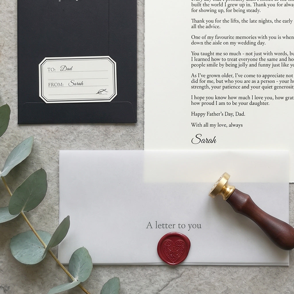 Personalised letter to a father with a wax seal, envelope, and eucalyptus branch on a textured stone surface.
