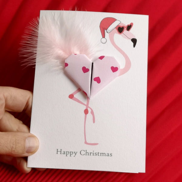 Flamingo Origami Heart Christmas Card