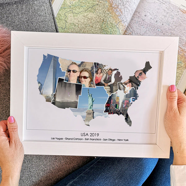 personalised travel photo map keepsake filled with seven photographs and a caption underneath