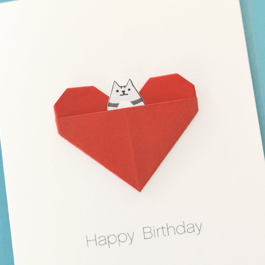 Personalised Cat Birthday Origami Heart Card