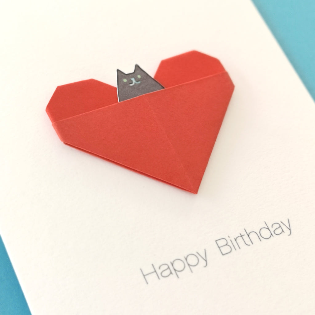 Personalised Cat Birthday Origami Heart Card