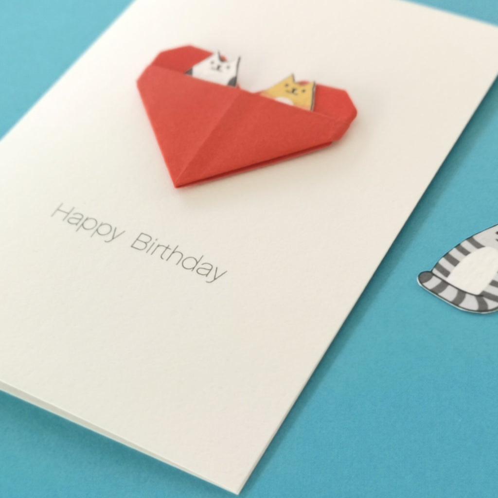 Personalised Cat Birthday Origami Heart Card