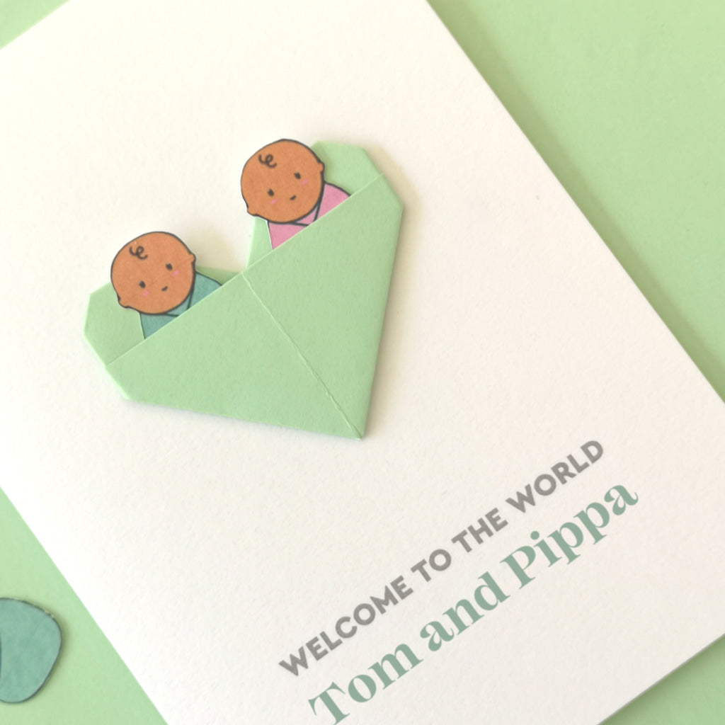 New Baby Twins Origami Heart Card