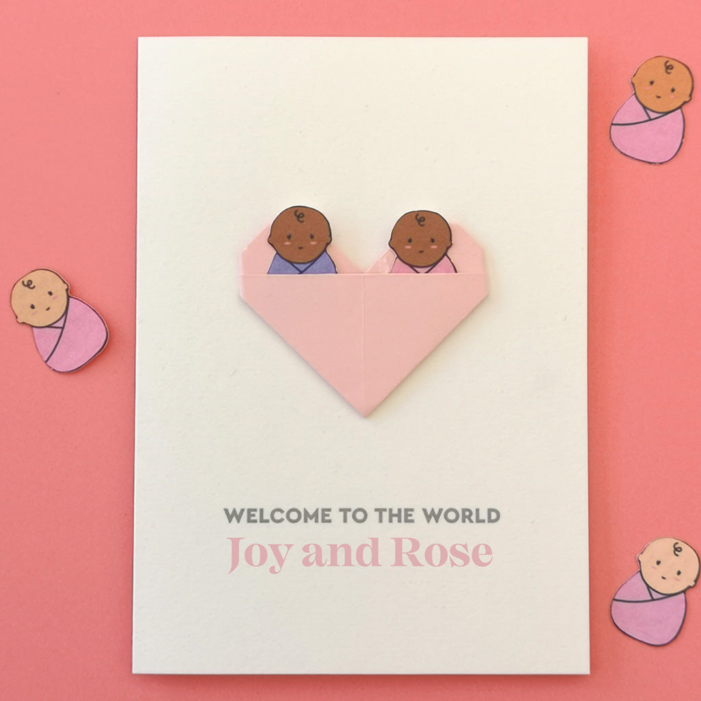 New Baby Twins Origami Heart Card