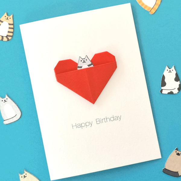 Personalised Cat Birthday Origami Heart Card