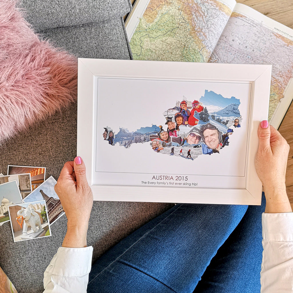 personalised photo collage with map and printed message underneath