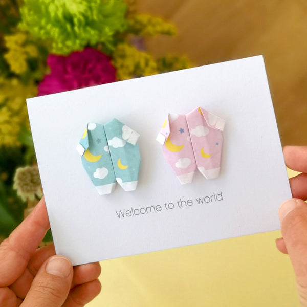 Personalised Origami Twins Baby Grow Card